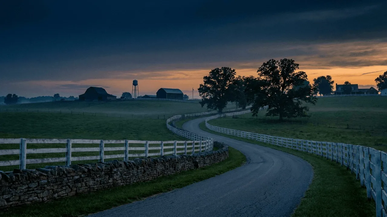 Winding road between fenced pastures at dusk