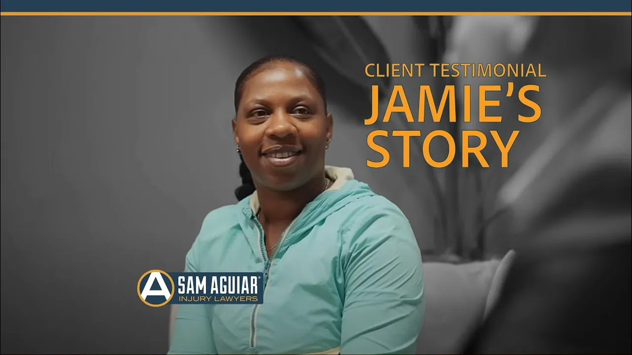 Jamie smiling in a teal jacket beside the words Client Testimonial, Jamie’s Story, with the firm logo