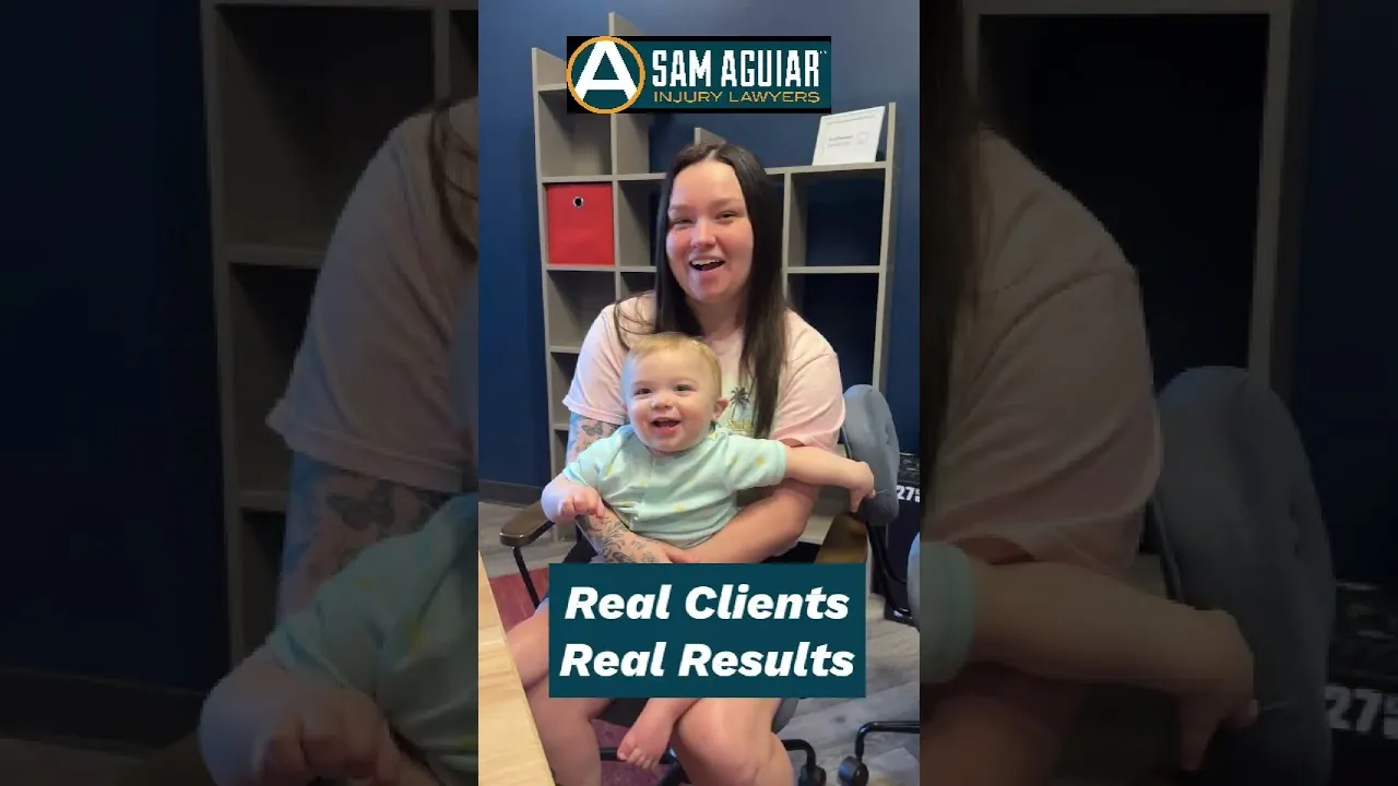 Shelby holding her toddler in the firm’s office, with the words Real Clients, Real Results