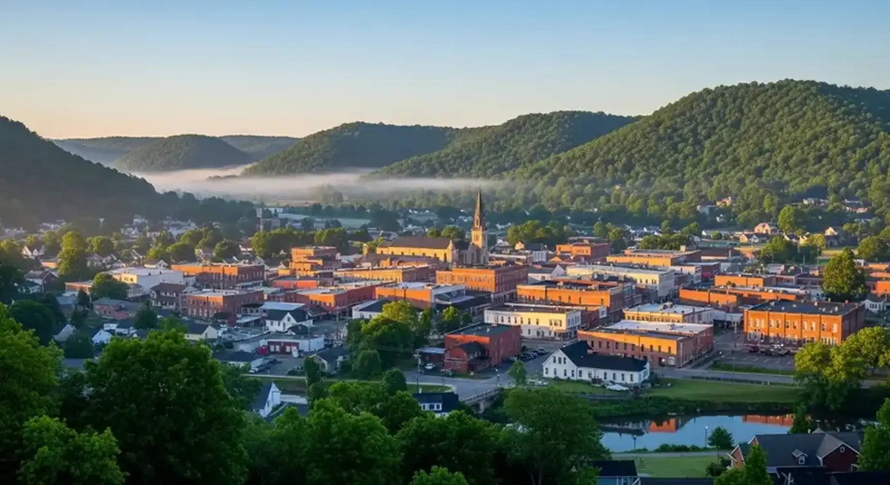 Aerial sunrise view of a small Kentucky town in a forested mountain valley