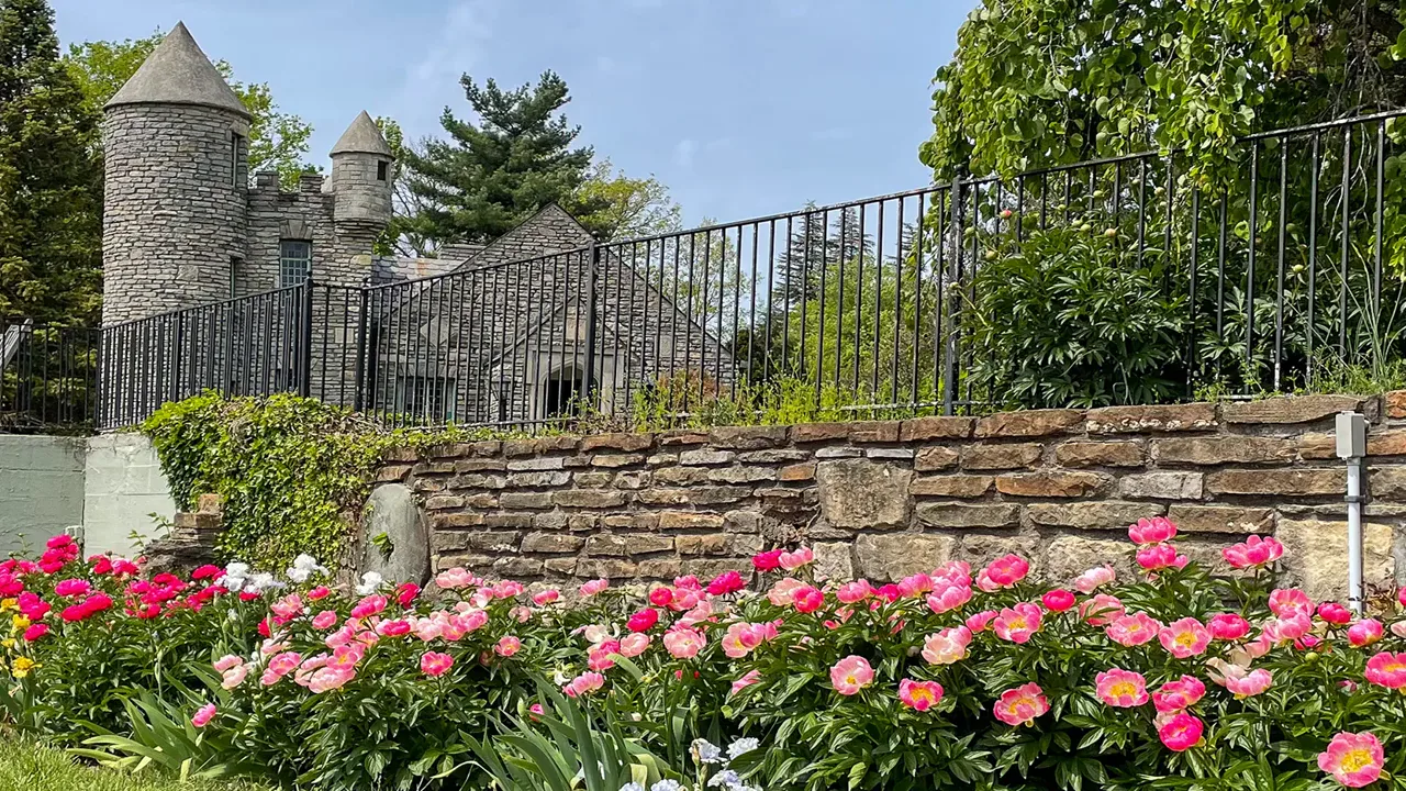 Pink flowers beside a stone wall and turreted building in Crestwood