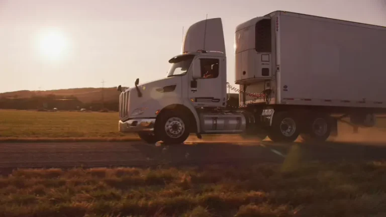 Refrigerated delivery truck kicking up dust on a rural road at sunset