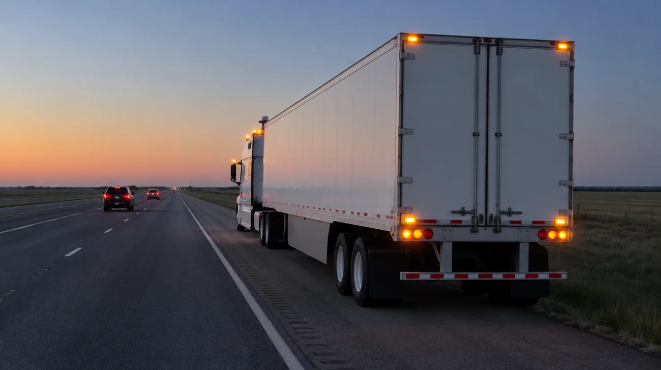 Driverless semi truck stopped on a highway shoulder at dusk with amber warning beacons lit on the cab