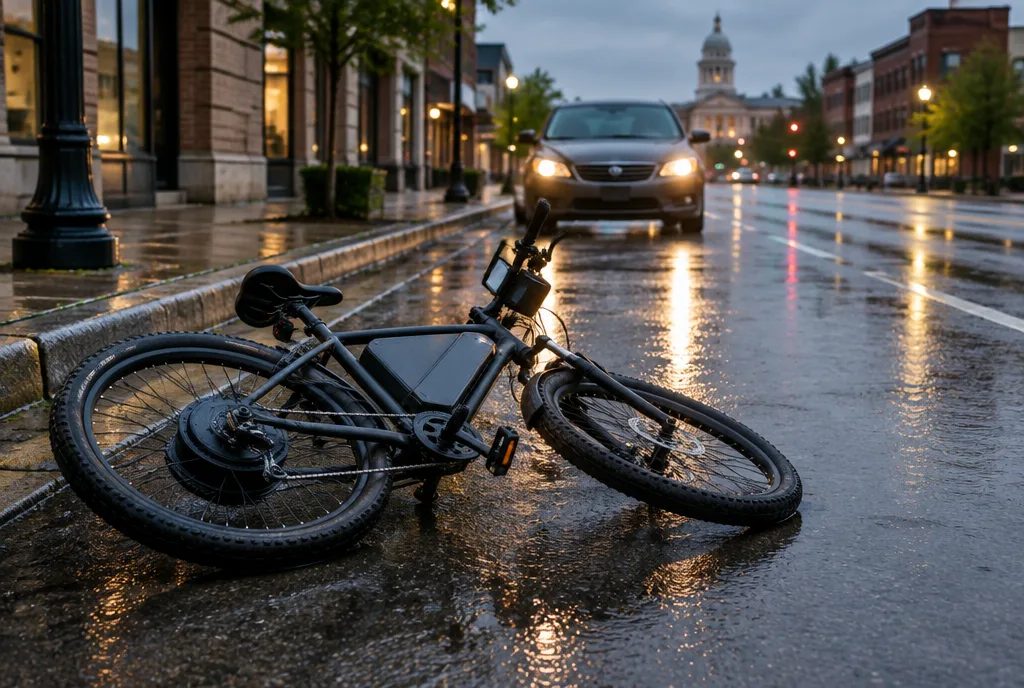 Electric bicycle with a frame battery and rear hub motor lying on its side on a wet city street, with a stopped car behind it