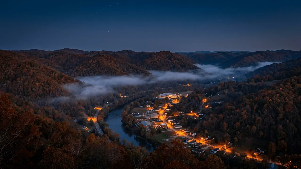 Eastern Kentucky mountains and a river valley at blue hour