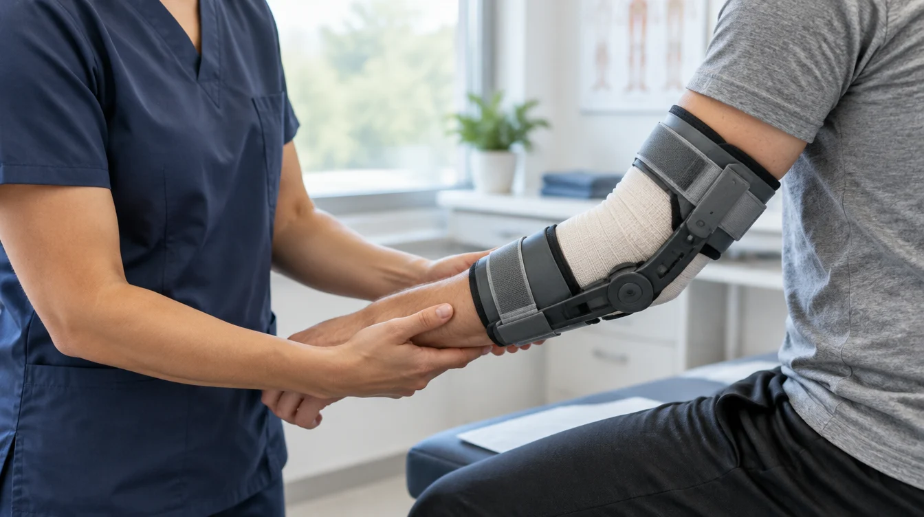 Clinician in navy scrubs supporting the forearm of a seated patient whose elbow is wrapped in a gray hinged brace and an elastic bandage