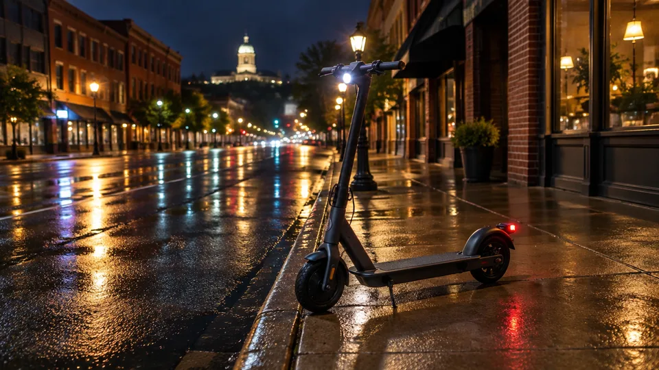 Electric scooter at a curb on a wet downtown street at night with its headlamp and rear red light lit