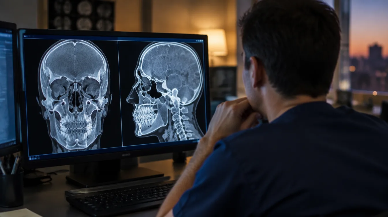 Physician reviewing front and side skull images that show the facial bones after a car accident