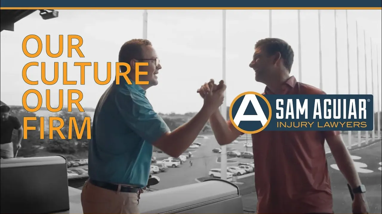 Two men shaking hands on a rooftop beside the words Our Culture, Our Firm and the firm logo