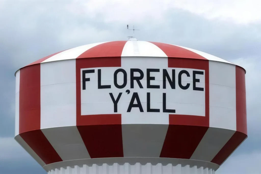 The red and white Florence Y'all water tower in Florence, Kentucky