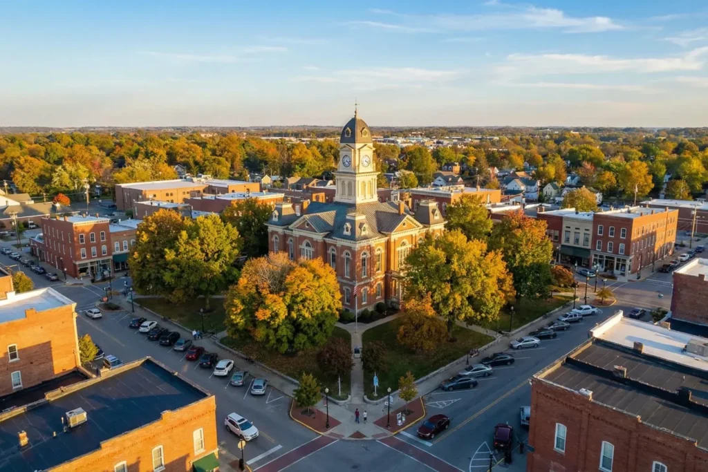 Aerial view of the Scott County Courthouse and downtown Georgetown, Kentucky in autumn