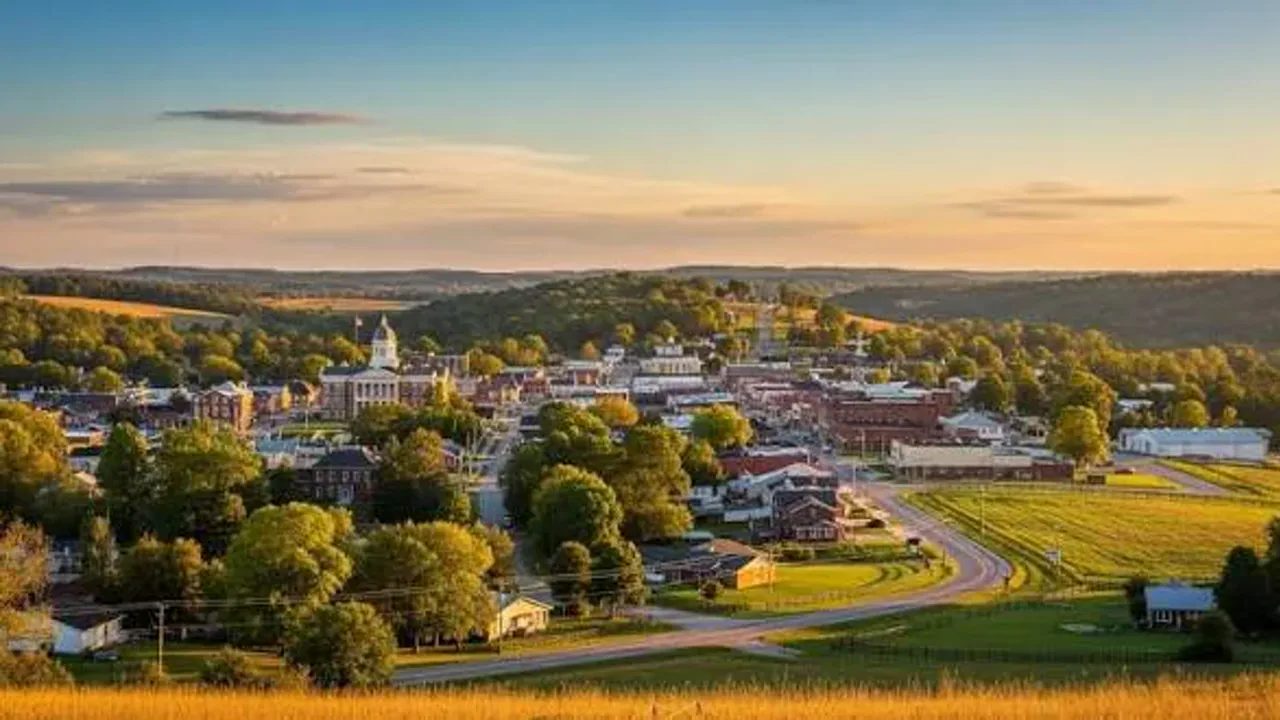 Aerial view of Hardinsburg Kentucky at golden hour with the courthouse and rolling hills
