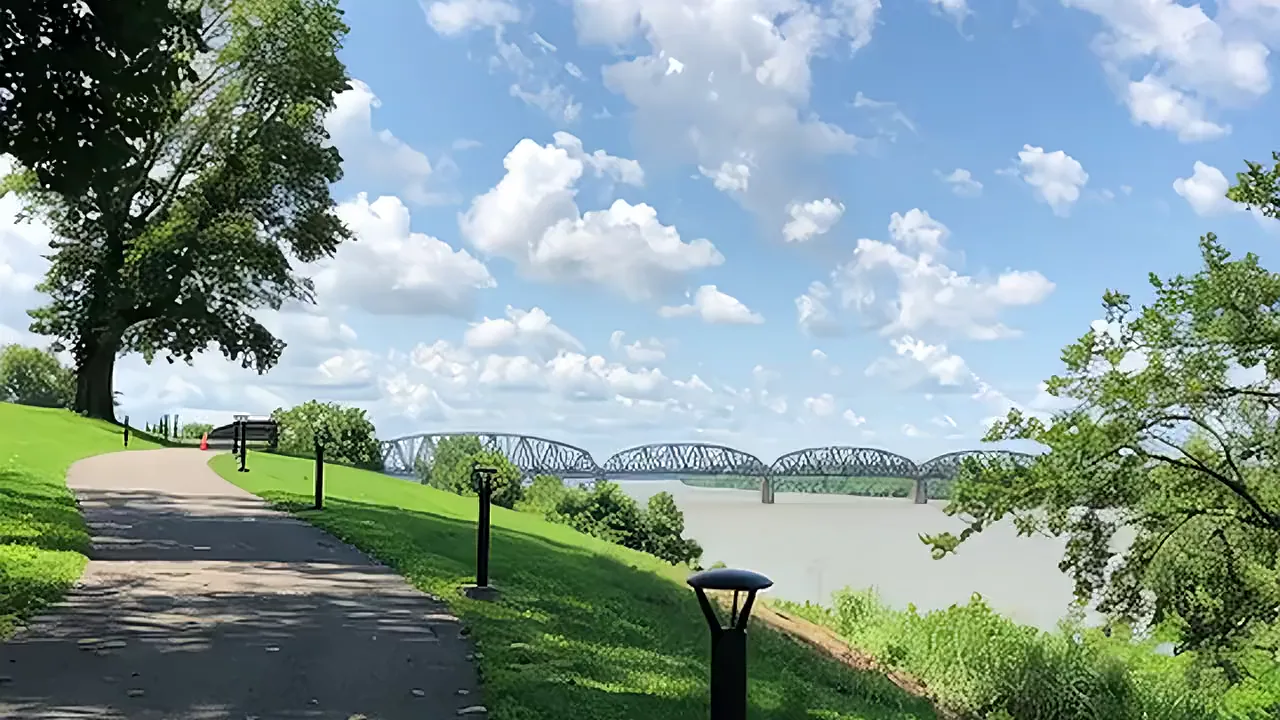 Riverwalk path along the Ohio River in Henderson, Kentucky, with a truss bridge in the distance