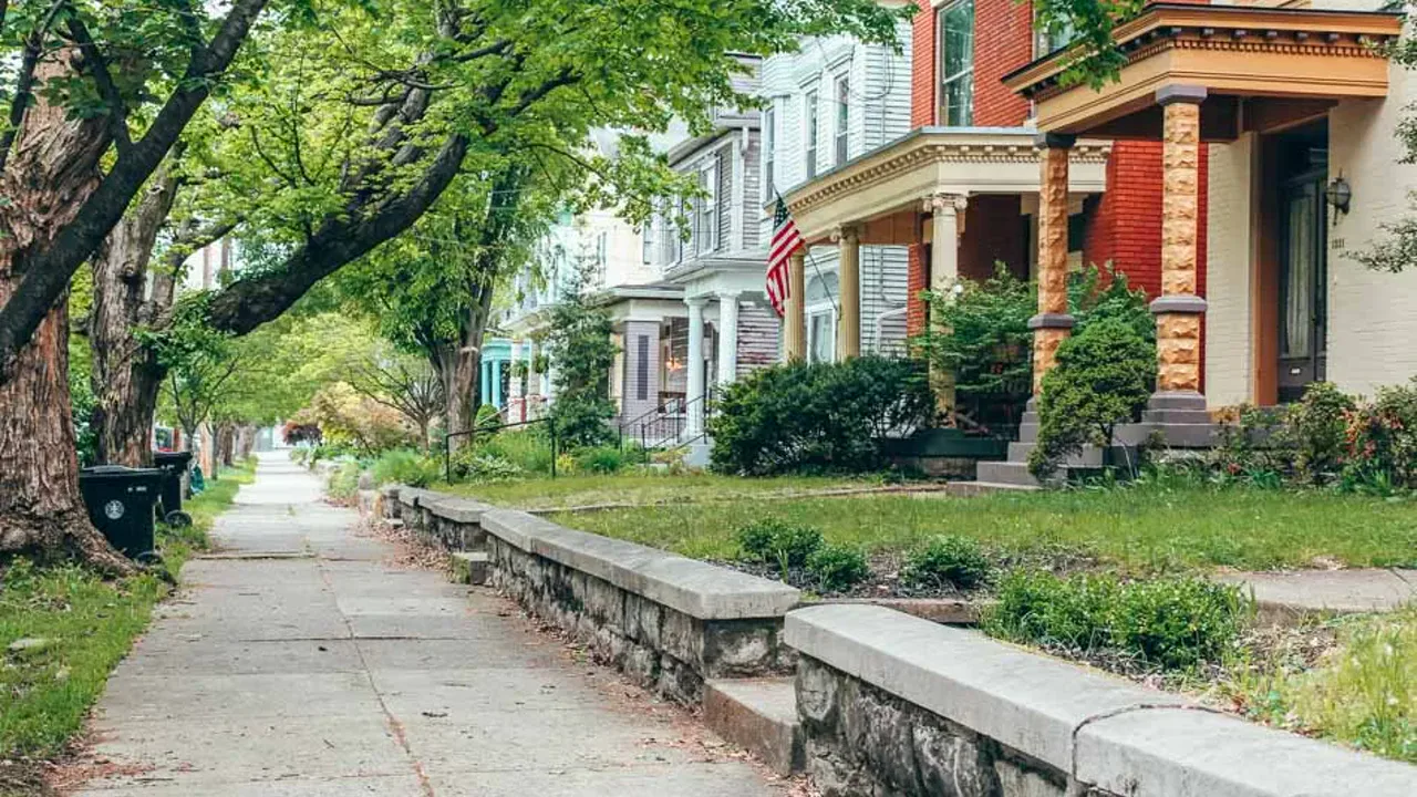 Tree-lined street with historic homes