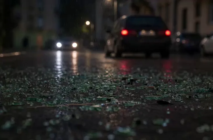 Broken glass and debris on a wet street at night as cars approach