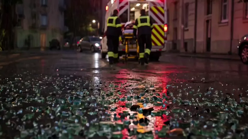 Paramedics loading a patient on a stretcher into an ambulance on a wet street at night
