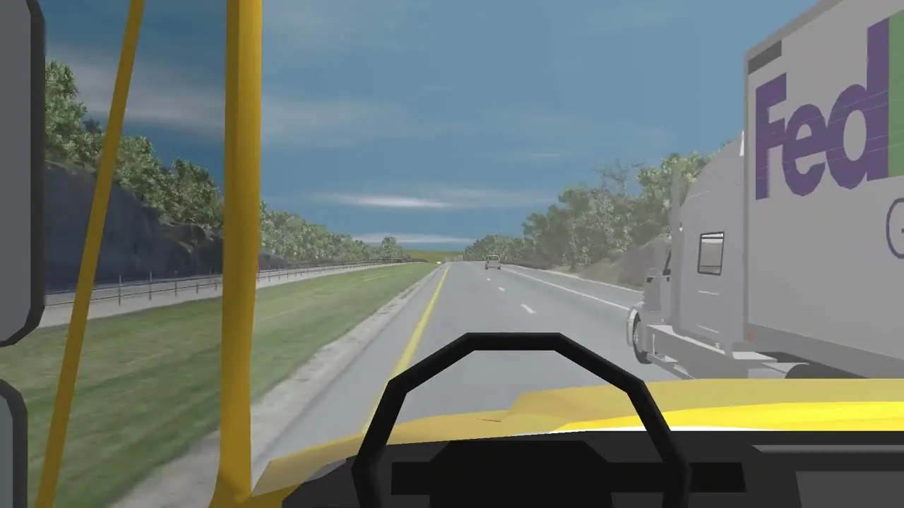 Animated driver’s-eye view from a yellow vehicle on a highway beside a large truck