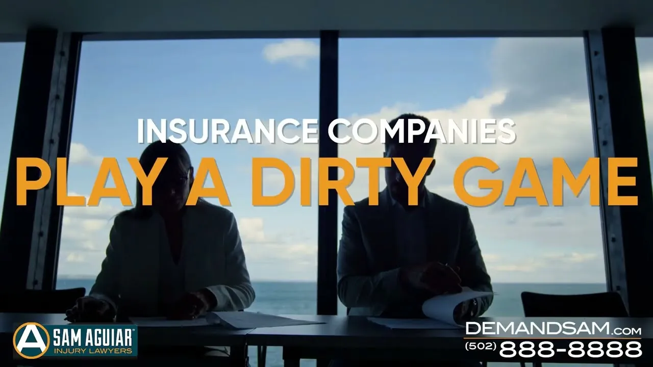 Two men in dark suits at a window overlooking a city beneath on-screen text about insurance companies playing a dirty game