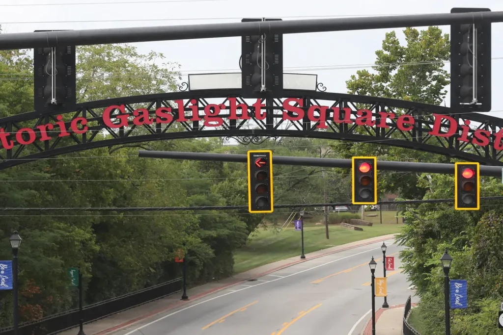 The Historic Gaslight Square District arch over the road in Jeffersontown, Kentucky