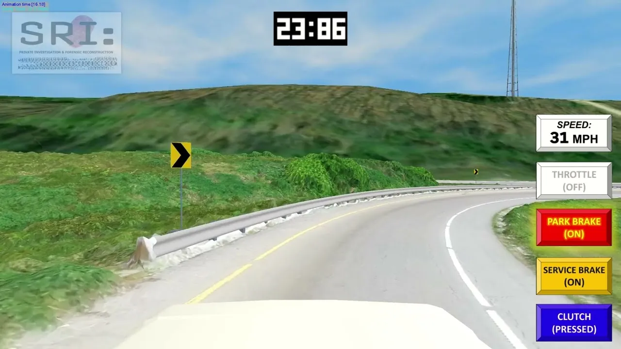 Reconstruction animation of a curved hillside road with a speed readout of 31 mph and brake indicators