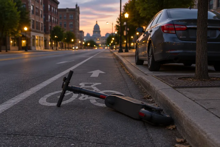 Electric scooter lying on its side in a painted bike lane beside a parked sedan on a downtown street at dusk