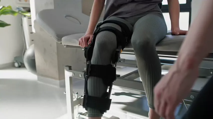 Physical therapist adjusting a hinged knee brace on a patient's leg