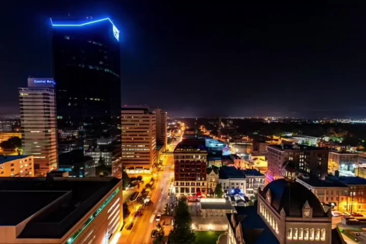 Downtown Lexington at night from the air