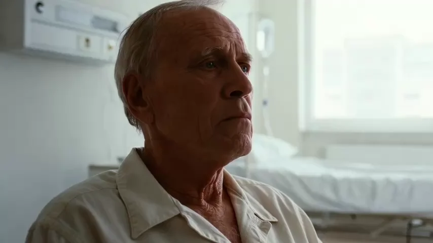 Older man in a wheelchair sitting beside an empty hospital bed while recovering from a serious injury