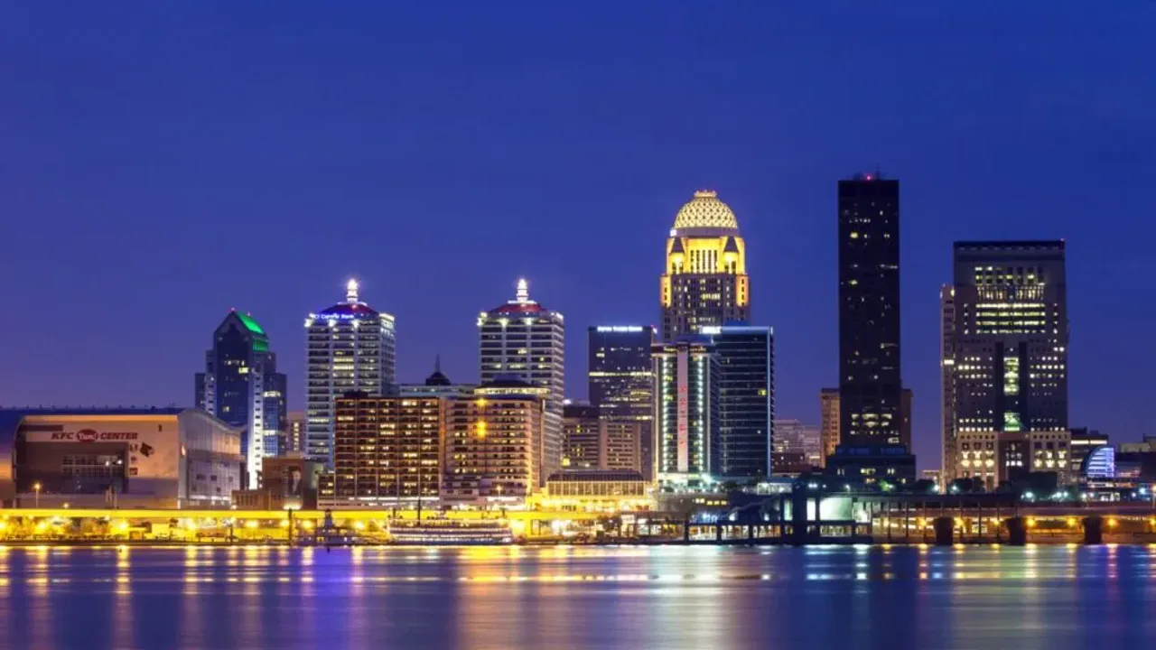 Louisville skyline with Ohio River reflections near the Yum Center
