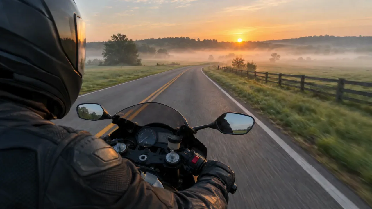 Rider's view from a motorcycle on a country road at sunrise