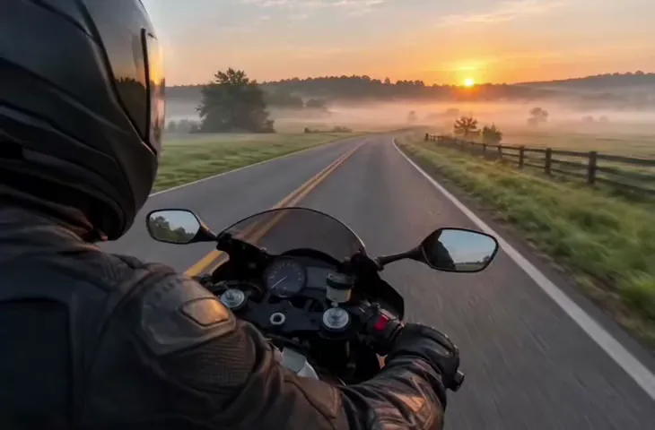 Motorcyclist riding a country road at sunrise