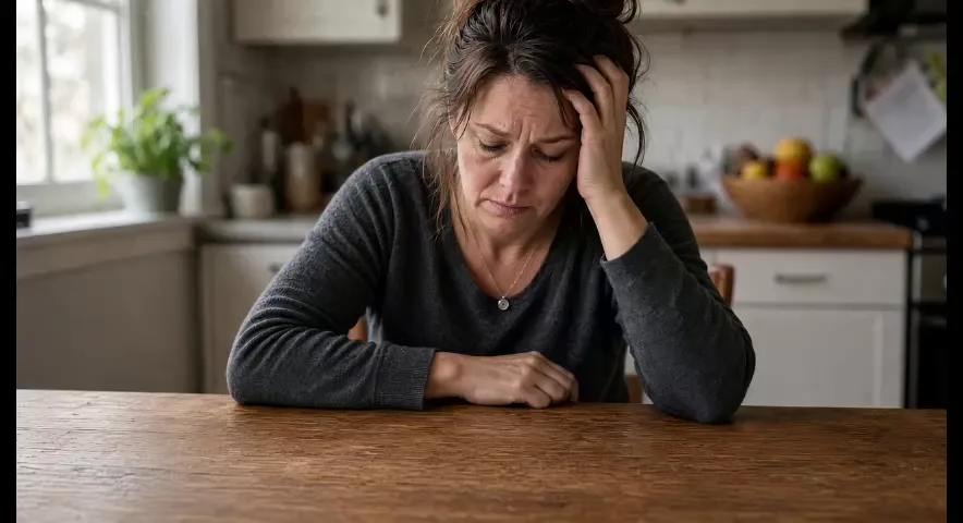 Woman at her kitchen table with her head in her hand, worried about bills after a crash