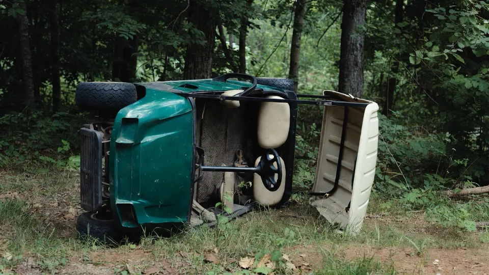 Green golf cart lying on its side in a wooded area after a rollover