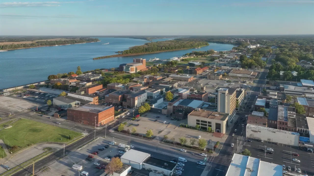 Aerial view of Paducah on the Ohio River, with the downtown and river bridges