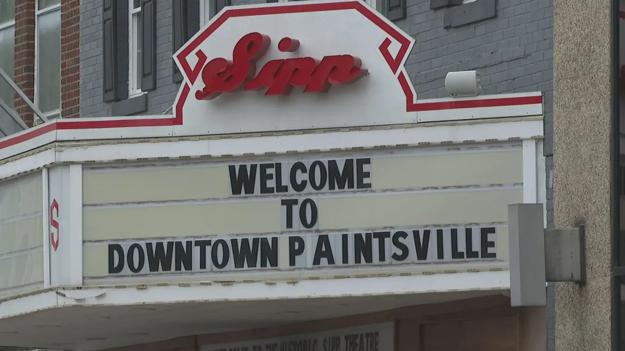 Theater marquee welcoming visitors to downtown Paintsville