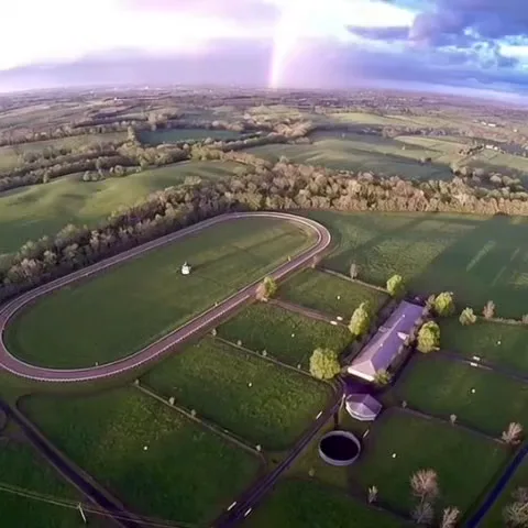 Aerial view of a horse farm training track near Paris, Kentucky