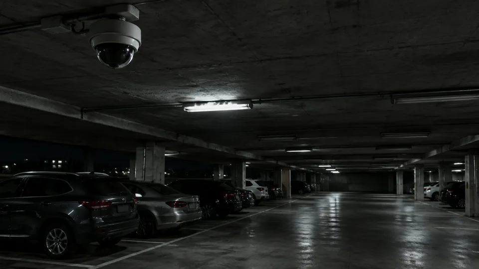 Security camera mounted on the ceiling of a dim parking garage with several dark light fixtures over parked cars
