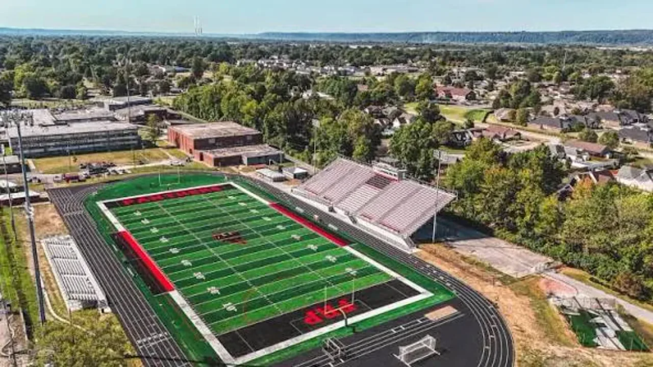 Aerial view of the Pleasure Ridge Park high school stadium and running track in Louisville Kentucky