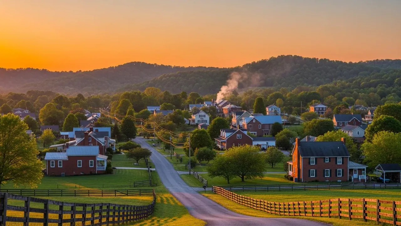 Country road and wooden fences through rolling Kentucky countryside at sunset