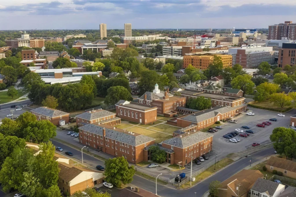 Aerial view of Richmond, Kentucky with the Eastern Kentucky University campus beyond