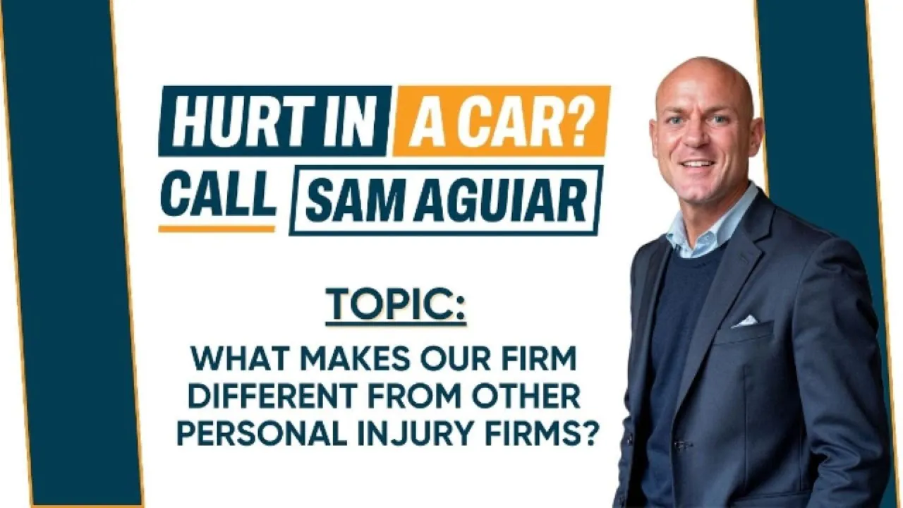 Sam Aguiar beside the words Hurt in a car and the topic what makes the firm different