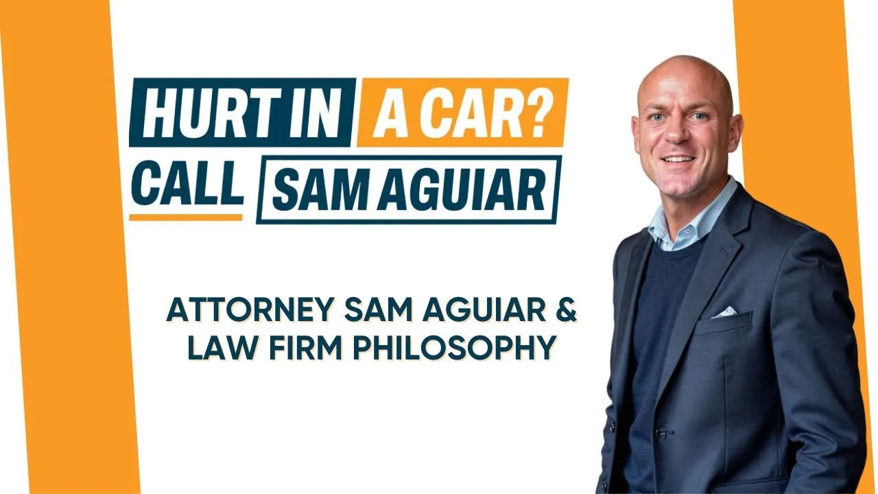 Sam Aguiar in a navy suit beside the words Hurt in a car and the topic Attorney Sam Aguiar and law firm philosophy