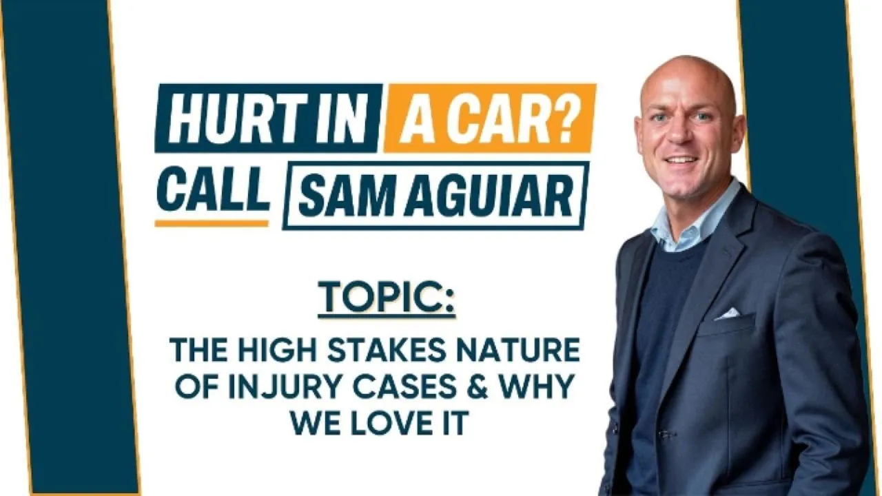 Sam Aguiar in a navy jacket beside the words Hurt in a car and the topic high stakes injury cases