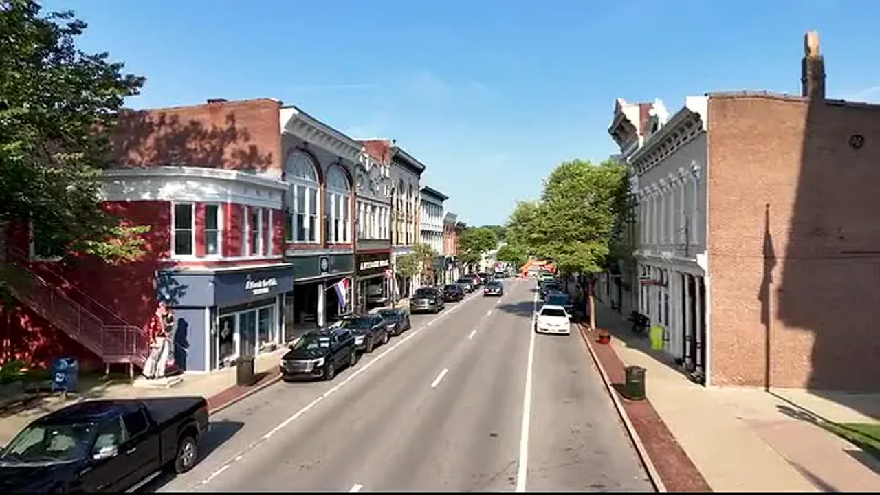 Downtown Shelbyville street lined with brick storefronts