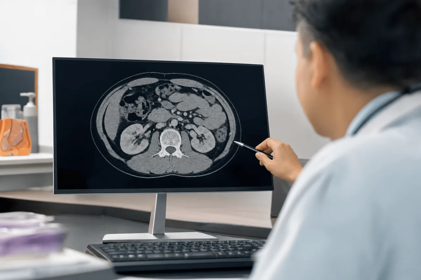 Clinician in a light blue shirt pointing a pen at an abdominal CT slice on a computer monitor, with the kidneys and spine visible