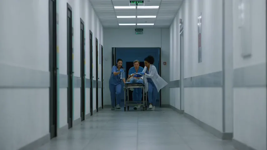 Hospital staff rushing a patient on a gurney down a hospital corridor