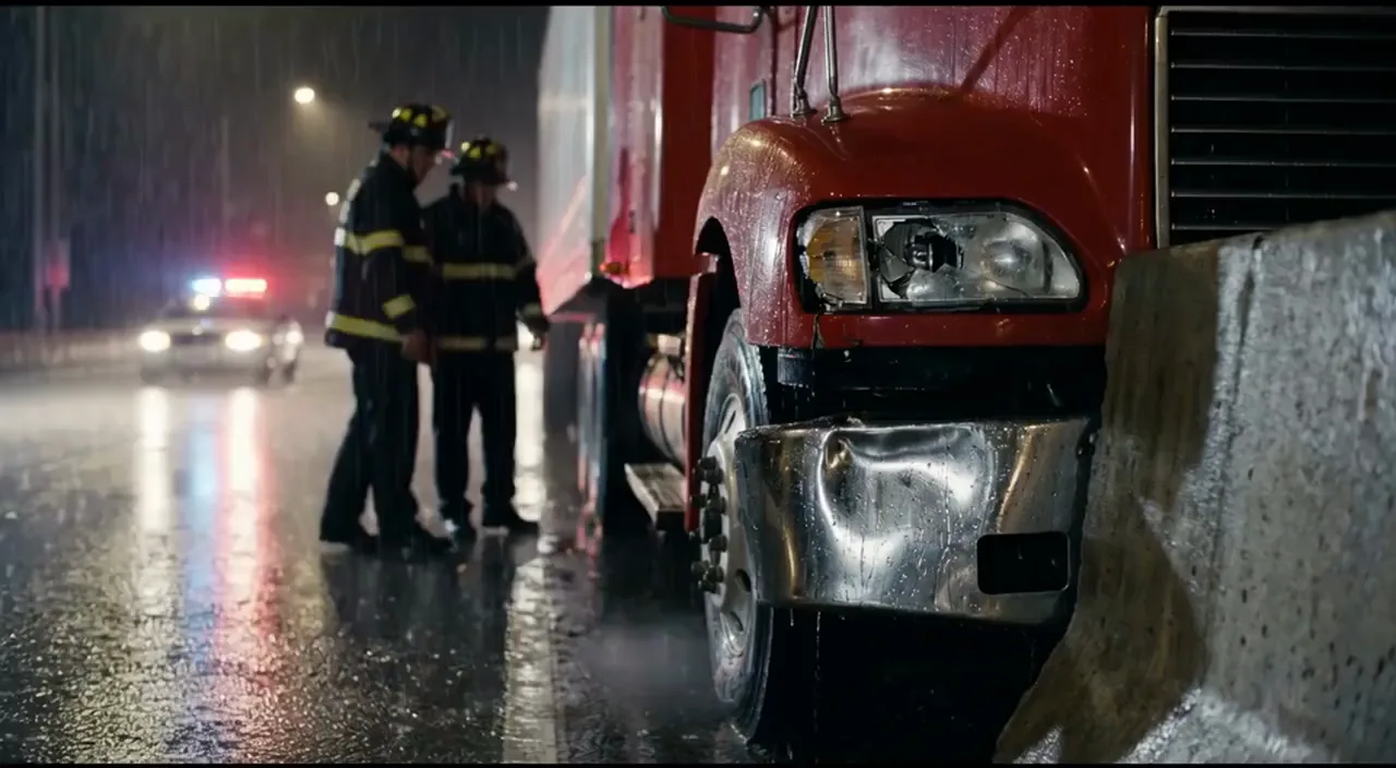 Firefighters and a police officer beside a crashed semi-truck on a rainy night