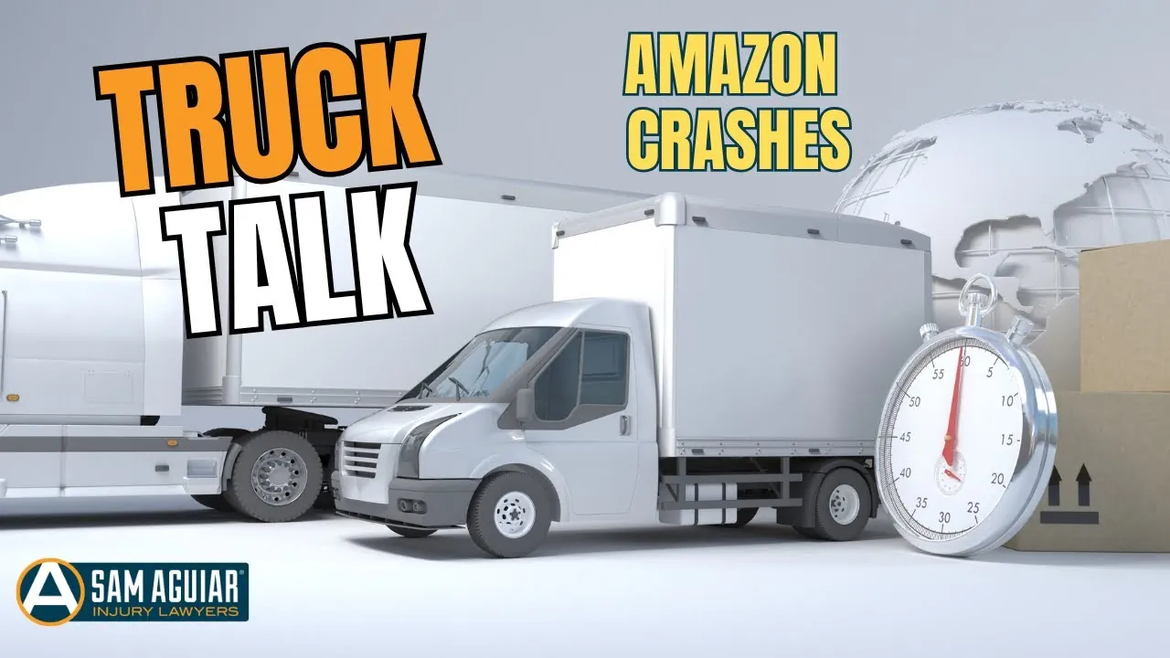 Truck Talk title card reading Amazon Crashes with a delivery van and a stopwatch