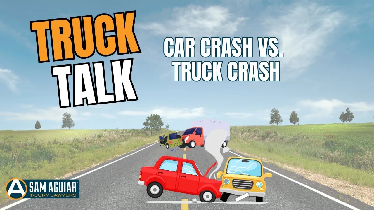 Truck Talk title card reading Car Crash vs. Truck Crash, with illustrated cars colliding on a country road