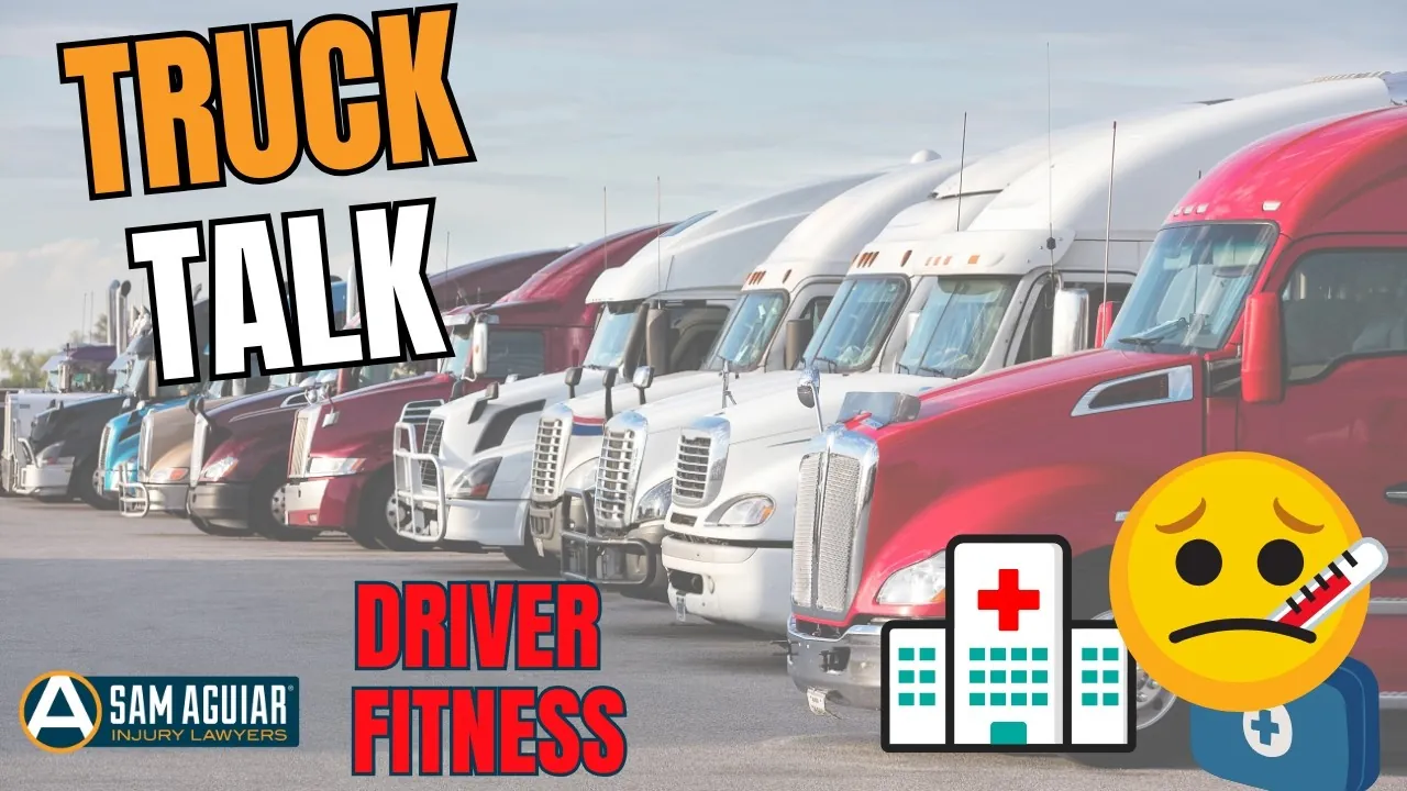 Truck Talk title card reading Driver Fitness over parked semi-trucks with a sick-face icon beside a hospital
